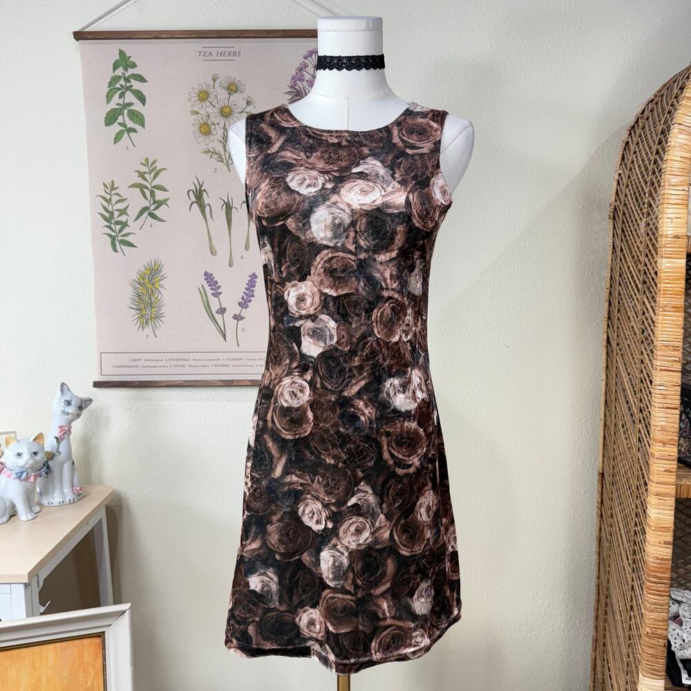 90s Y2k Floral Rose Velvet Mini Dress Whimsigoth Dark Fairy Grunge Romantic S